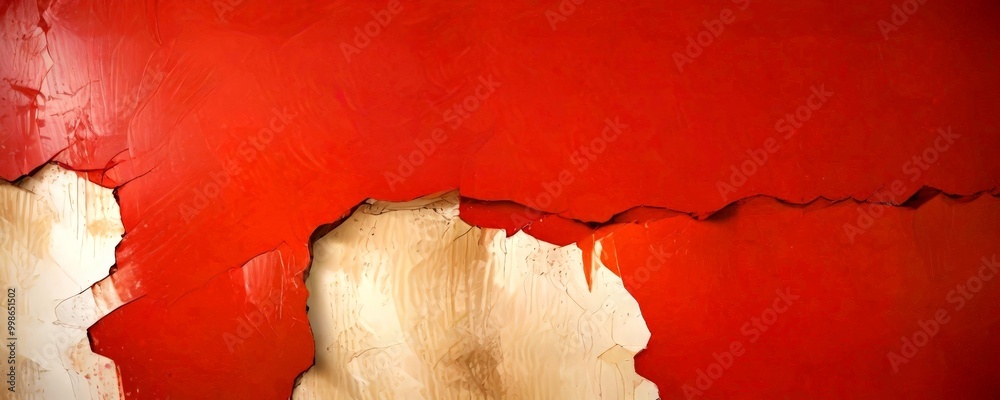 Aufkleber a close-up view red wall with a large crack running through it, revealing a layer of beige paint und