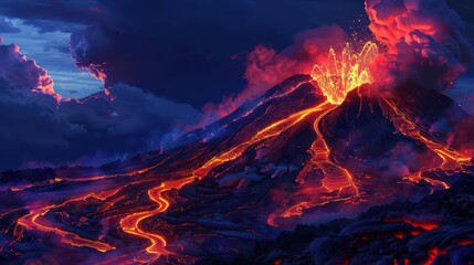 An erupting volcano at night, rivers of lava flowing down its slopes, ash clouds lit by red flames, digital painting, fiery and dramatic