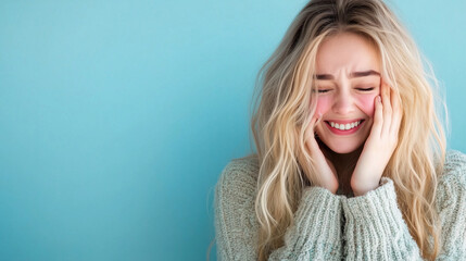 A woman wiping away a tear with a bittersweet smile, expressing nostalgia, standing against a pastel blue background.