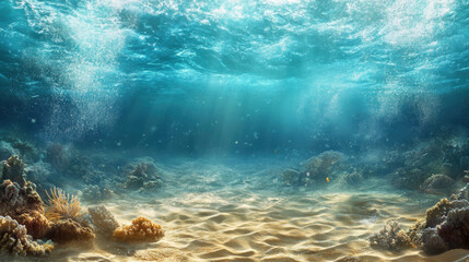 Obraz premium Beneath surface, vibrant coral reefs and sandy ocean floors create serene underwater landscape, illuminated by shimmering rays of sunlight