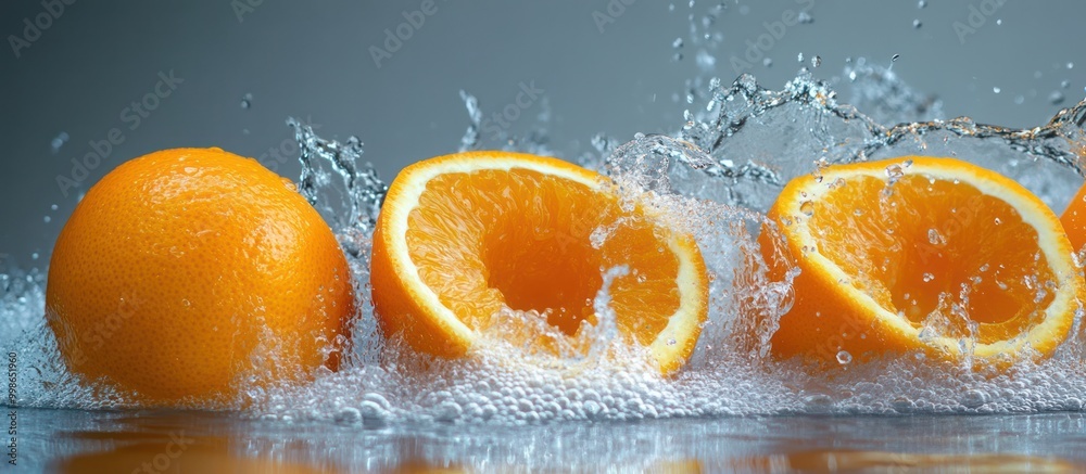 Wall mural Fresh oranges splashing in water.