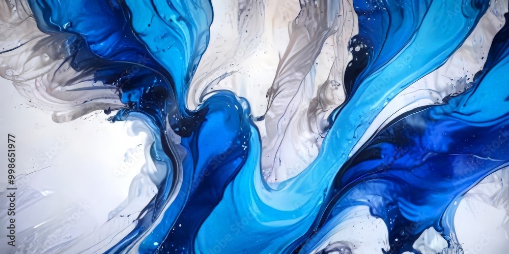 Poster a close-up view vibrant abstract painting, showcasing a dynamic interplay of blue, gray, and white c