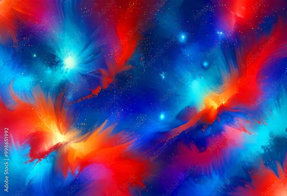 Poster a vibrant abstract composition featuring swirling patterns of red, blue, and orange hues, with small