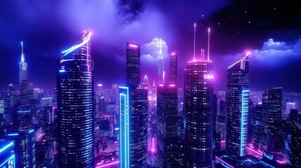 Fototapeta premium Futuristic Cityscape with Neon Lights at Night