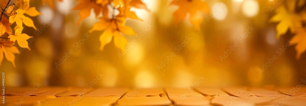 Poster a close-up view wooden surface with a blurred background of autumn leaves in various shades of orang