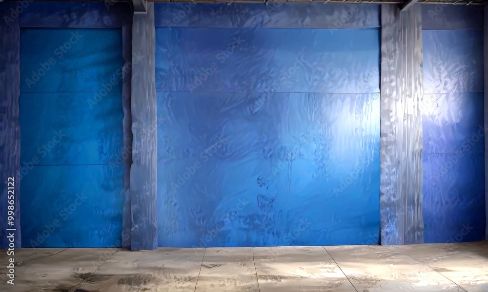 Poster a large, blue-painted wall with a pattern of vertical lines running across it The wall is situated in an empty room with a concrete floor