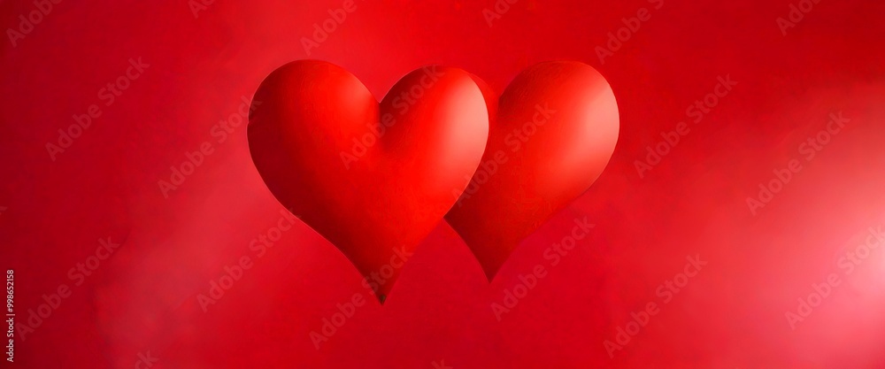 Poster two red hearts floating against a red background