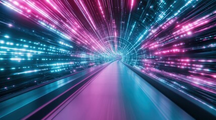 Obraz premium A tunnel of neon teal and pink lights, evoking fast motion, space travel, and digital speed in an abstract landscape