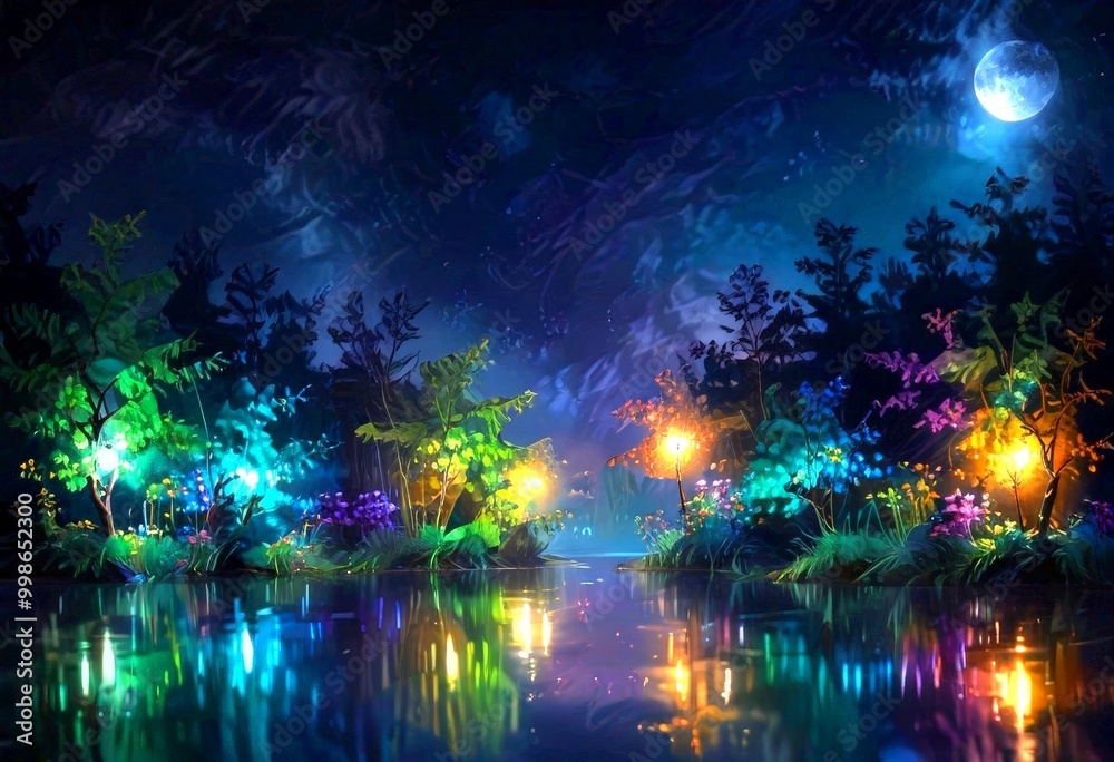 Poster a serene night scene with a full moon illuminating a tranquil lake, surrounded by a lush forest with