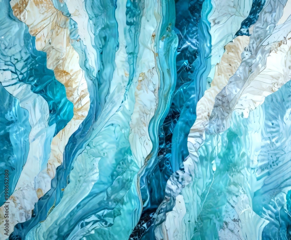 Poster an abstract painting featuring a swirling pattern of blue, white, and beige colors, creating a sense