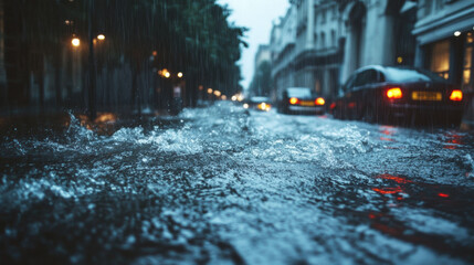 Torrential rain creates flooded city street, showcasing water pooling on asphalt and vehicles navigating through deluge. scene evokes sense of urgency and challenges of urban life during severe