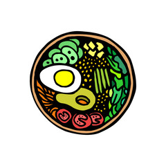Colorful illustration of a poke bowl filled with fresh and healthy ingredients such as avocado, egg, cucumber, greens, and other vegetables.