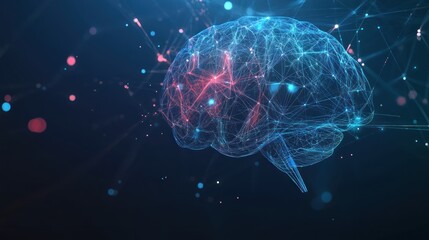 A glowing blue and red abstract brain with connecting lines and dots on a dark blue background.