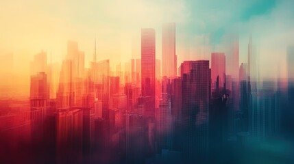 Blurry skyline of buildings in the city during sunset.