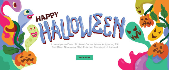 Ghosts, Ghouls, and Monsters Unite concept. abstract geometric liquid form. monster halloween with hand drawn banner template vector illustration.