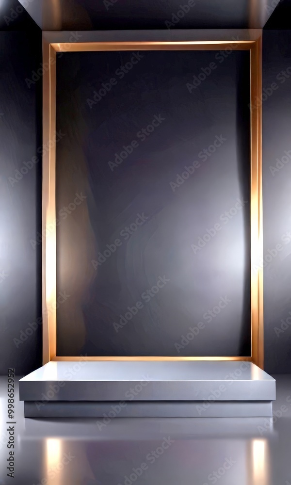 Poster a minimalist dark gray stage with a gold-framed light source, creating a dramatic and reflective eff