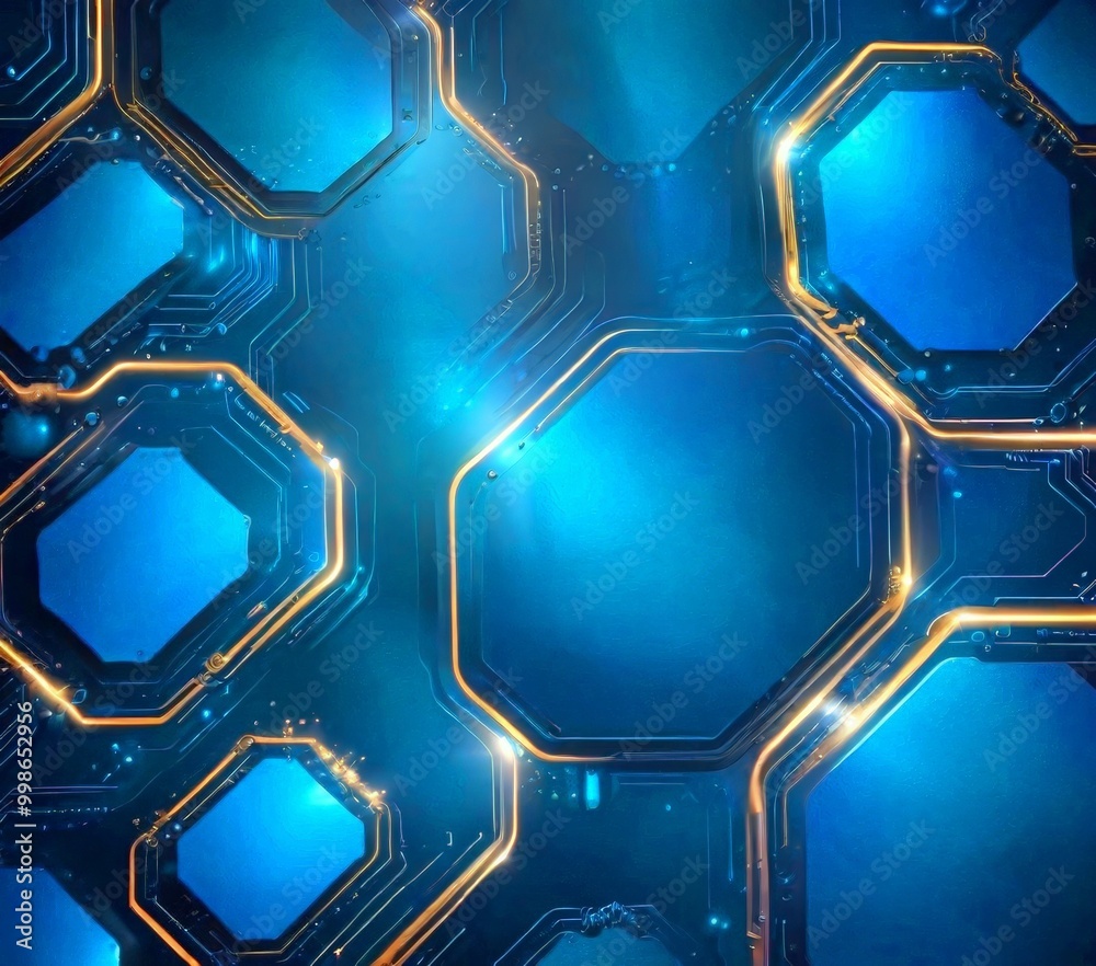 Fototapete a digital circuit board with a complex pattern of blue hexagonal shapes, interspersed with golden lines and glowing lights, creating a futuristic