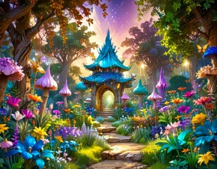 Fototapeta premium a fantastical garden scene with a blue-roofed gazebo at the center, surrounded by a variety of colorful flowers, mushrooms, and trees The sky above is filled with stars,