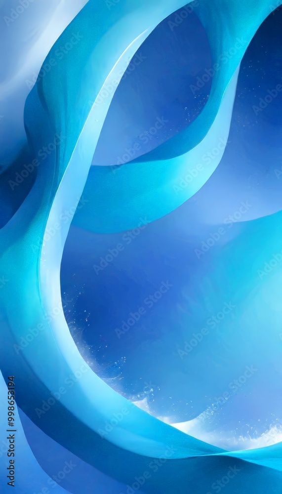 Poster a digital art piece with a blue gradient background, featuring curved lines and splashes of white, creating a sense of movement and fluidity