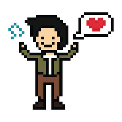 Obraz premium Cartoon pixel character cute man exercises training dance lifestyle music decoration life style 8 bit male boy dance with music game fitness isolated PNG vector.