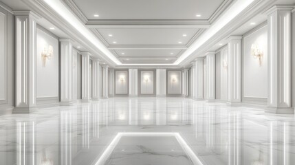 Empty white hallway with marble floor and decorative pillars.