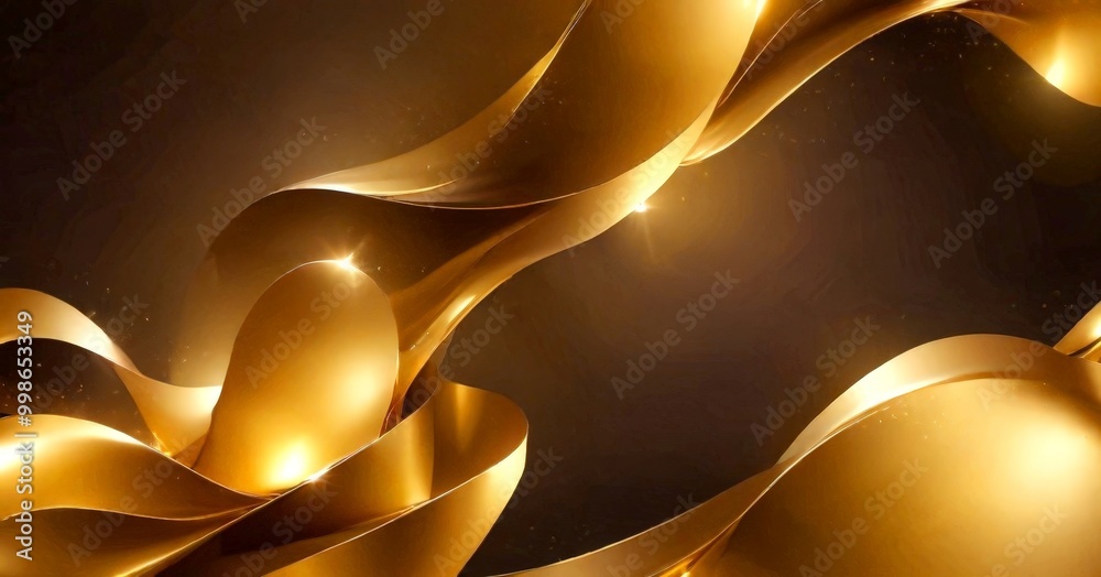 Poster a golden, abstract design with curved lines and shapes, creating a sense of movement and depth The golden color is highlighted by a warm glow, adding to the overall richness