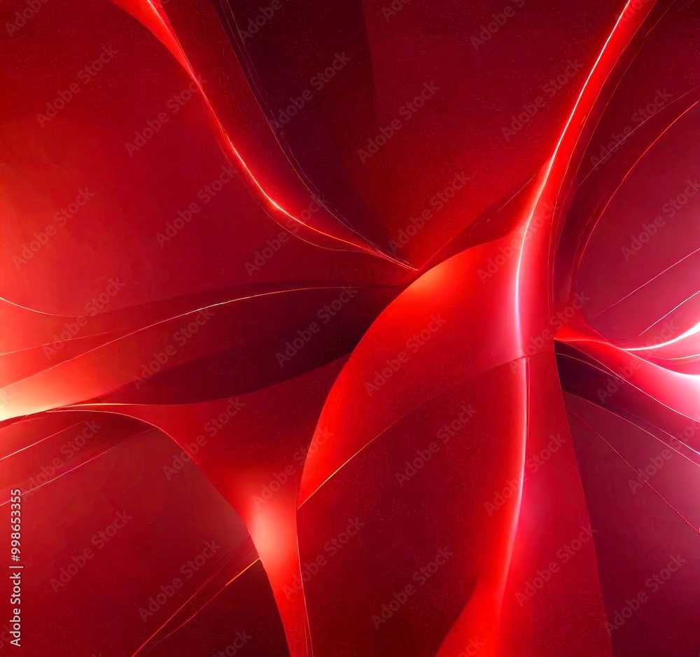 Poster a striking abstract composition of red and orange hues, with curved lines and a sense of movement The background is a deep red color, which contrasts with the lighter red