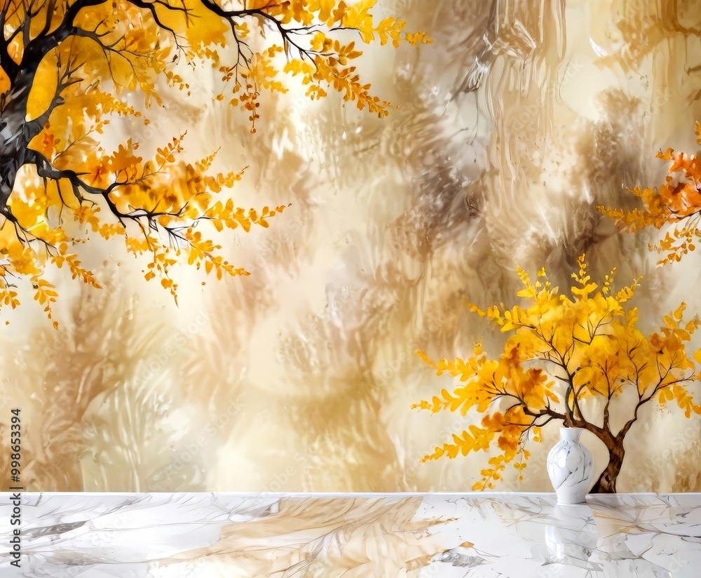 Poster a serene indoor setting with a white vase containing a tree with yellow leaves, set against a textur