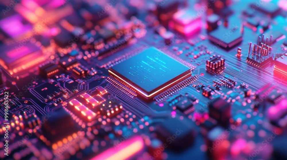Poster a vibrant close-up of a colorful computer circuit board, with cpu chips and processors representing 