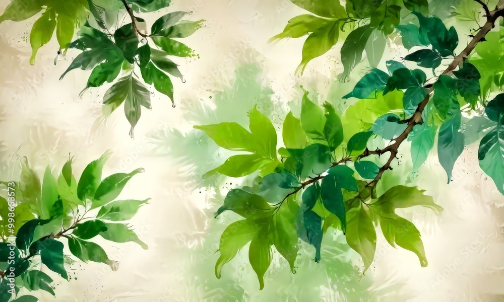 Poster a branch with lush green leaves against a soft, blurred background, creating a serene and tranquil a