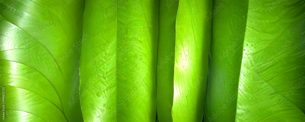 Aufkleber a close-up view large, vibrant green leaf with water droplets on its surface, creating a textured an