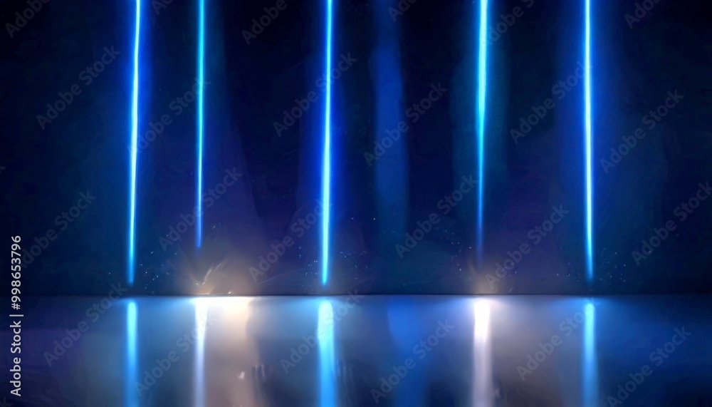 Poster a dark room with a reflective floor, illuminated by a series of blue and white lights arranged in a 