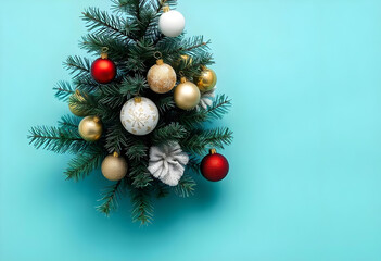festive Christmas tree adorned with red, gold, and white ornaments, set against bright turquoise background, evokes joyful holiday spirit