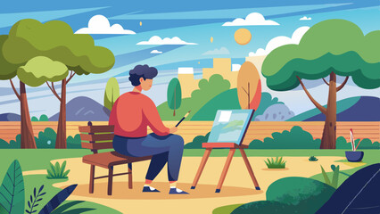 Obraz premium Hand-Drawn Artist Painting on Park Bench with Scenic Background. Perfect for: Earth Day, Art Exhibitions, Park Events
