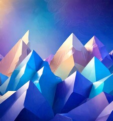 a digital art piece featuring a complex arrangement of geometric shapes in various shades of blue, purple, and pink, set against a gradient sky