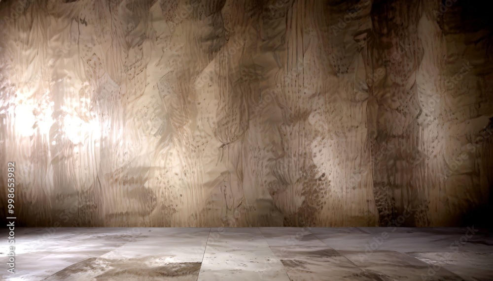 Poster a dimly lit room with a concrete wall featuring a textured pattern, a concrete floor, and a large wi