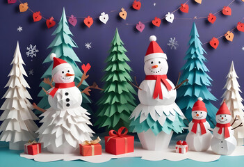 Festive holiday scene featuring cheerful paper snowmen and Christmas trees, adorned with vibrant decorations and gifts, creating joyful atmosphere