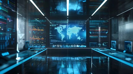 Futuristic Holographic Interface in Sleek Control Room with 3D Data Visualization and World Map Display