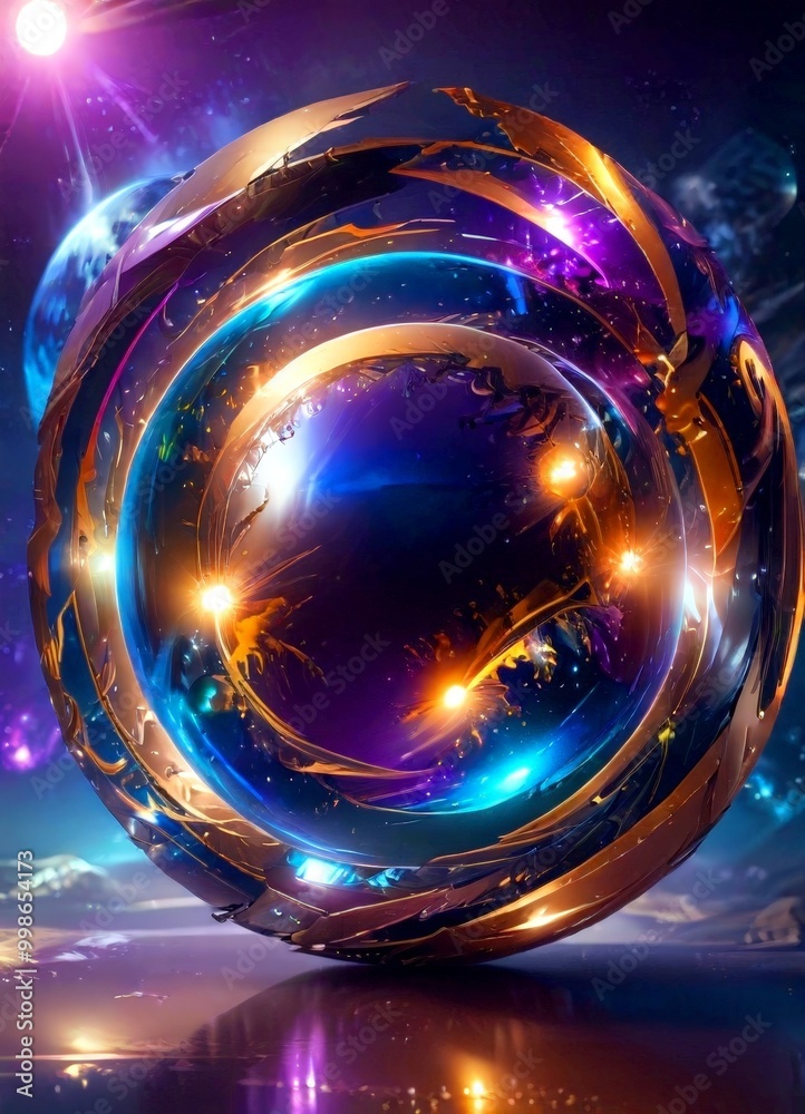 Poster a futuristic, spherical object with a reflective surface, surrounded by a cosmic backdrop of stars and planets The object is illuminated by a radiant light source, creating
