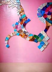a vibrant mosaic artwork composed of numerous small, colorful tiles arranged in a curved, abstract pattern against a pink background