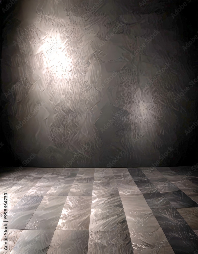 Poster a dark, empty room with a checkered floor and a large, textured wall in the background
