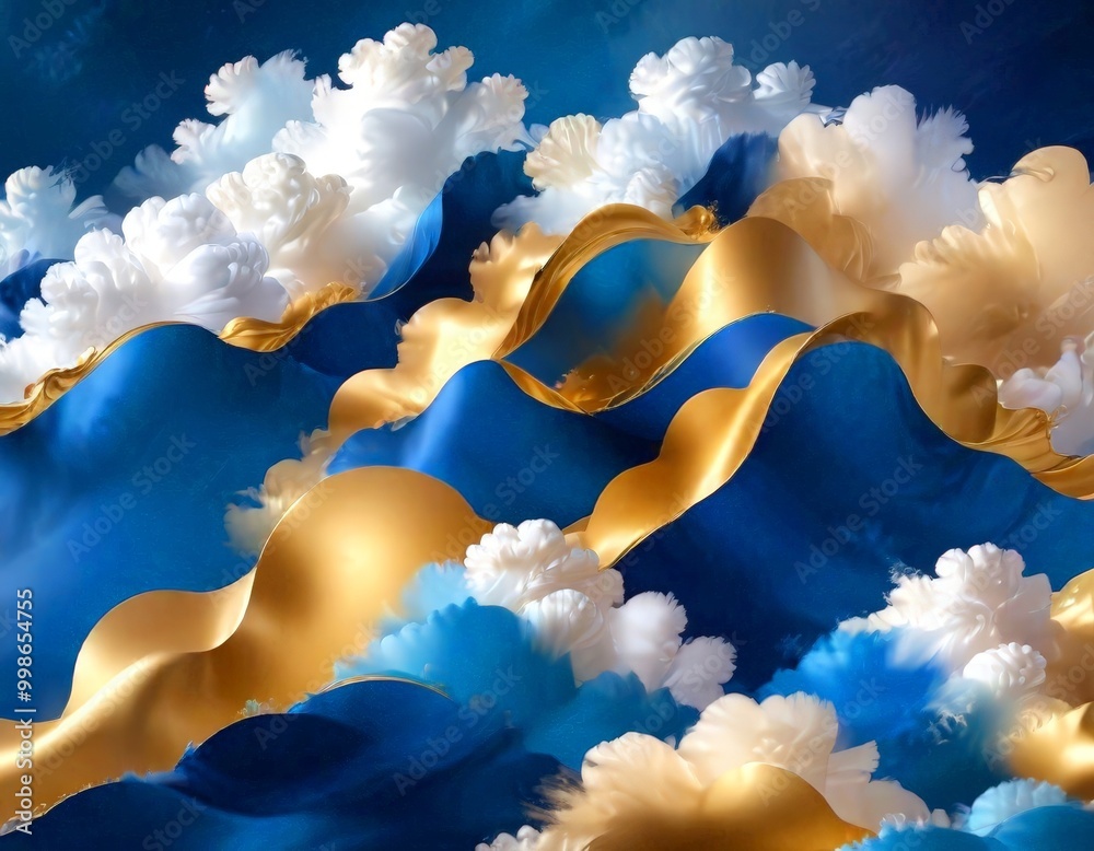 Poster a surreal, dreamlike scene with swirling clouds in shades of blue and gold, creating a sense of move