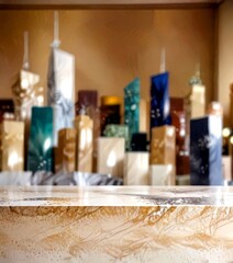 Obraz premium A blurred cityscape with tall buildings in various colors, set against a beige wall