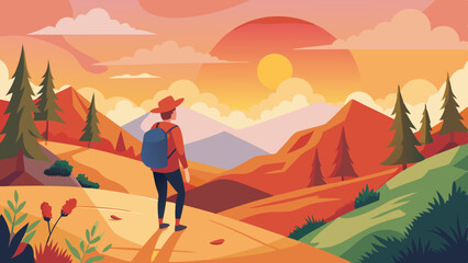 Hand-Drawn Solo Traveler Walking on Hillside at Sunset. Perfect for: Solitude Day, Adventure Day, Sunset
