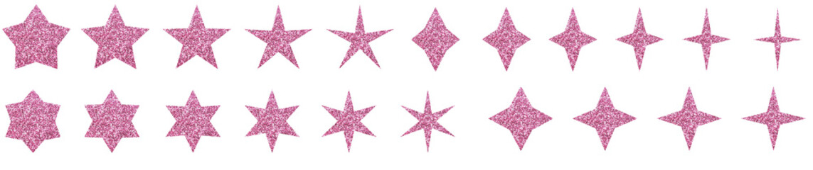 Set of four pointed, five pointed, six pointed glitter pink stars isolated on transparent background