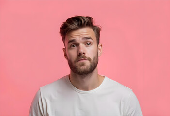 Fototapeta premium jaded young Caucasian man with beard is looking thoughtfully at camera against pink background. His expression conveys sense of contemplation and introspection