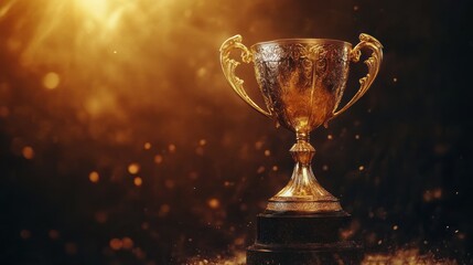 A gold trophy cup with a detailed design stands on a black pedestal surrounded by golden bokeh lights on a dark background.