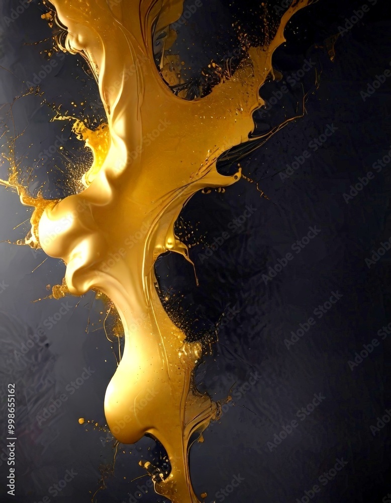 Poster a dynamic, abstract composition of golden liquid against a dark background The golden liquid appears to be in motion, creating a sense of fluidity and energy The