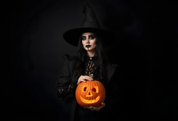 Fototapeta premium mysterious woman dressed as witch holds carved pumpkin, embodying spirit of Halloween. Her dark attire and makeup enhance eerie atmosphere
