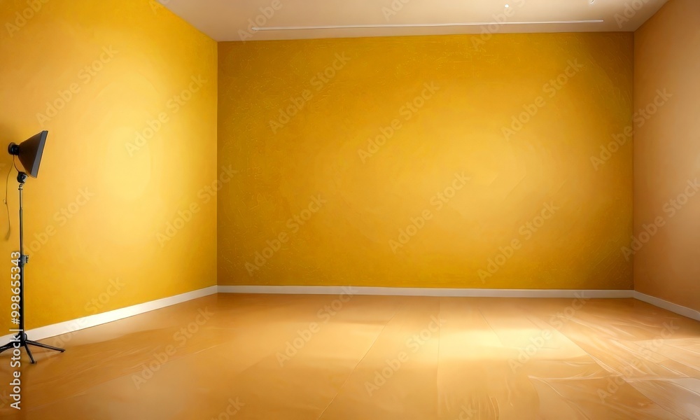 Poster an empty room with yellow walls and a wooden floor, featuring a black floor lamp on the left side